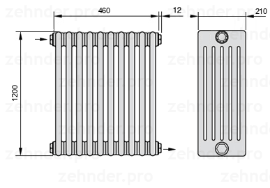 Схема (чертеж) Радиатор Zehnder Charleston 6120/10 №1670 Белый глянцевый RAL 9016